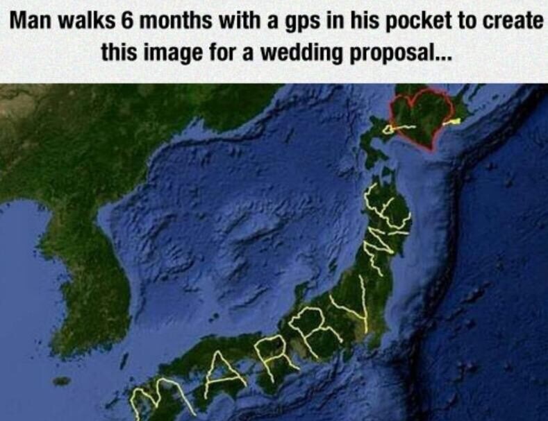 marry me gps - Man walks 6 months with a gps in his pocket to create this image for a wedding proposal...