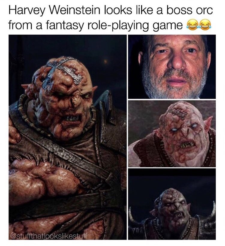 human - Harvey Weinstein looks a boss orc from a fantasy roleplaying game ce