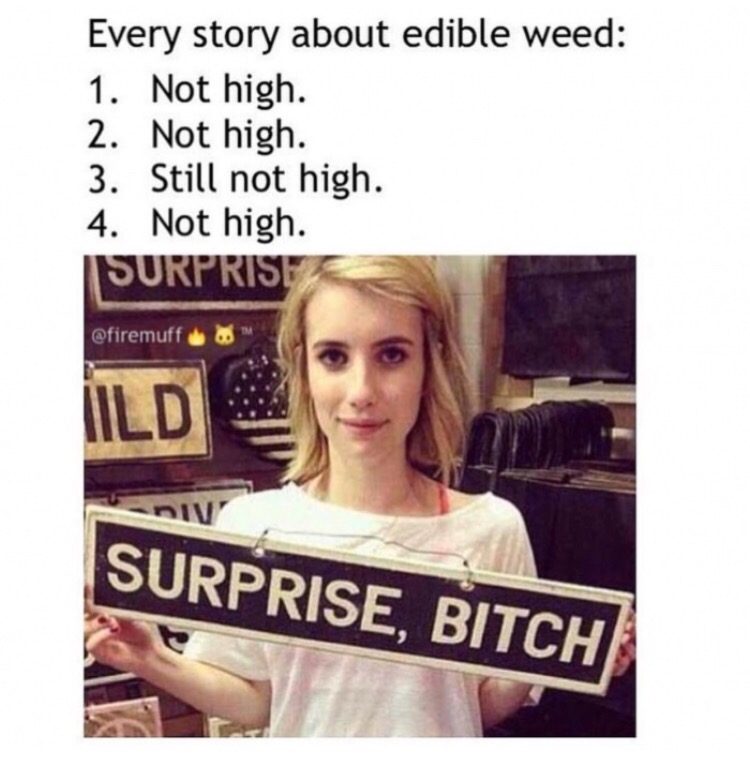 surprise bitch gay meme - Every story about edible weed 1. Not high. 2. Not high. 3. Still not high. 4. Not high. Surprise Iild niv Surprise, Bitch