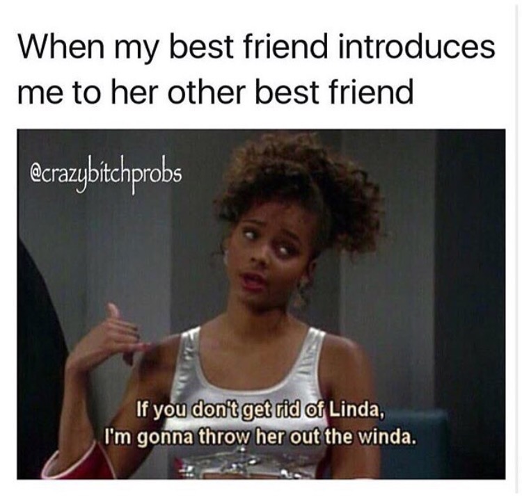 funny jealous friend meme - When my best friend introduces me to her other best friend If you don't get rid of Linda, I'm gonna throw her out the winda.