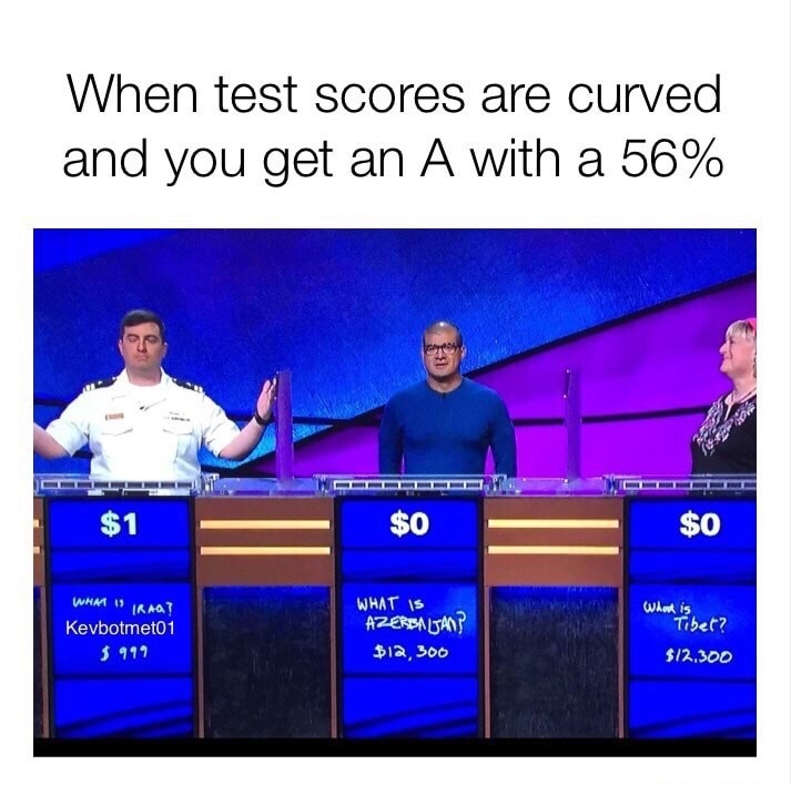 memes-  56% meme - When test scores are curved and you get an A with a 56% $1 $0 $0 What Is Iraq? Kevbotmet01 $999 What Is Azerbaijan $12,300 What is Tibet? $12.300