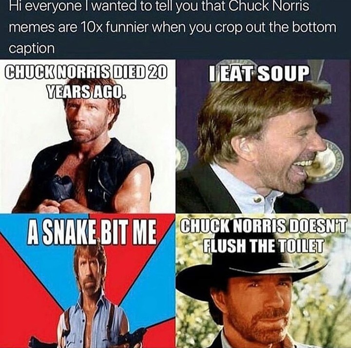 memes-  half chuck norris memes - Hi everyone I wanted to tell you that Chuck Norris memes are 10x funnier when you crop out the bottom caption Chuck Norris Died 20 Ieat Soup Years Ago Chuck Norris Doesnt Flush The Toilet