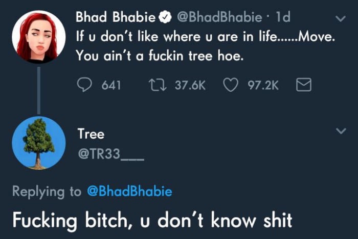 memes  - sky - Bhad Bhabie v 'If u don't where u are in life......Move. You ain't a fuckin tree hoe. 'O 641 22 Tree Fucking bitch, u don't know shit