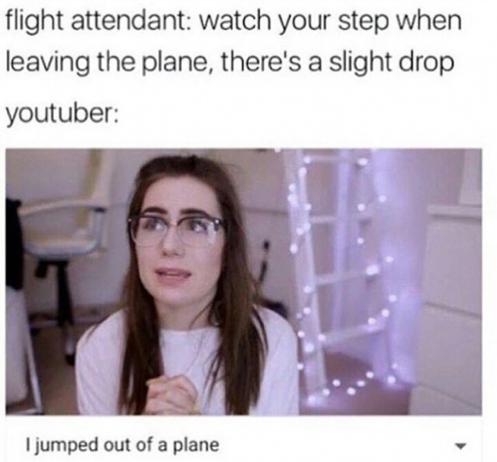 memes  - memes give me life - flight attendant watch your step when leaving the plane, there's a slight drop youtuber I jumped out of a plane