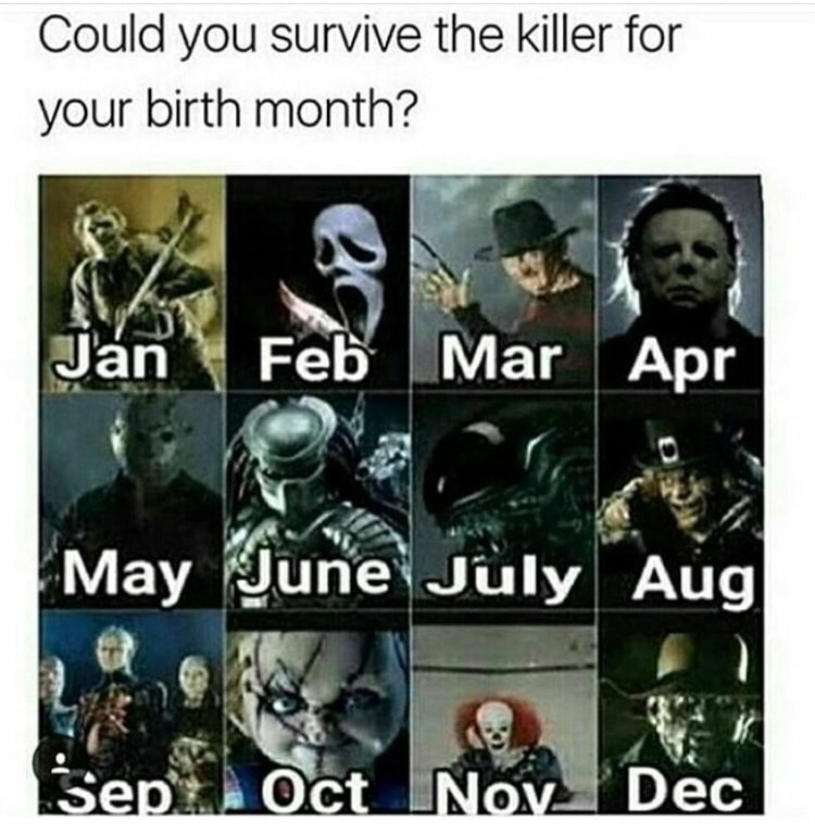 memes  - your birth month meme - Could you survive the killer for your birth month? Jan Feb Mar Apr May June July Aug Sep Oct Nov Dec