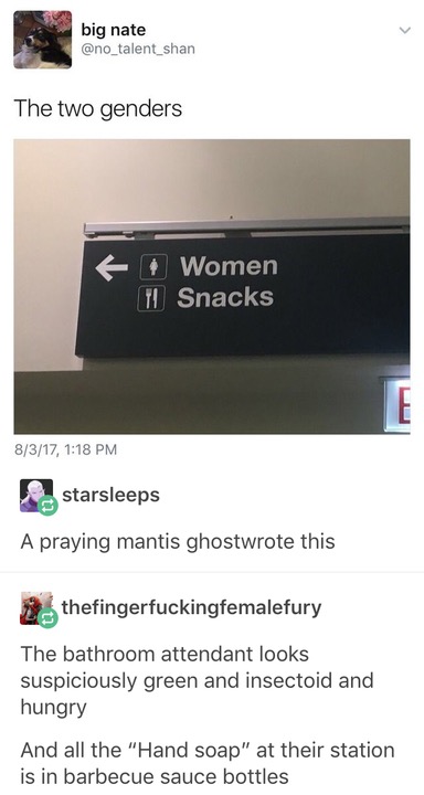 memes  - women snacks the two genders - big nate The two genders E Women Ti Snacks 8317, starsleeps A praying mantis ghostwrote this thefingerfuckingfemalefury The bathroom attendant looks suspiciously green and insectoid and hungry And all the "Hand soap