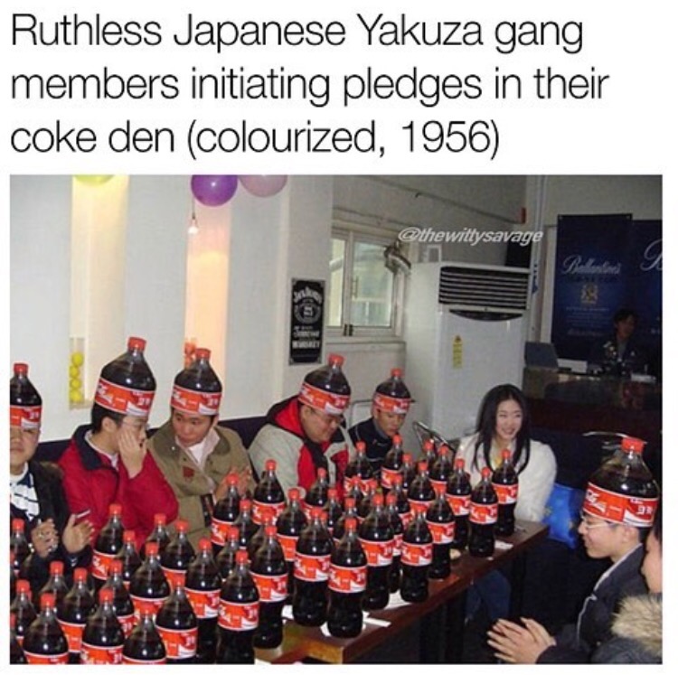 not a cellphone in sight meme - Ruthless Japanese Yakuza gang members initiating pledges in their coke den colourized, 1956