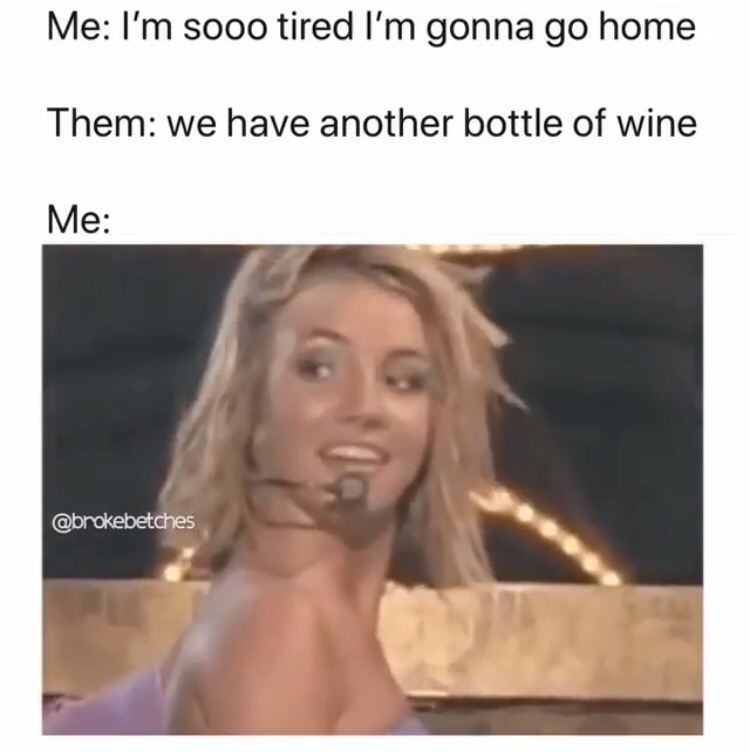 blond - Me I'm sooo tired I'm gonna go home Them we have another bottle of wine Me
