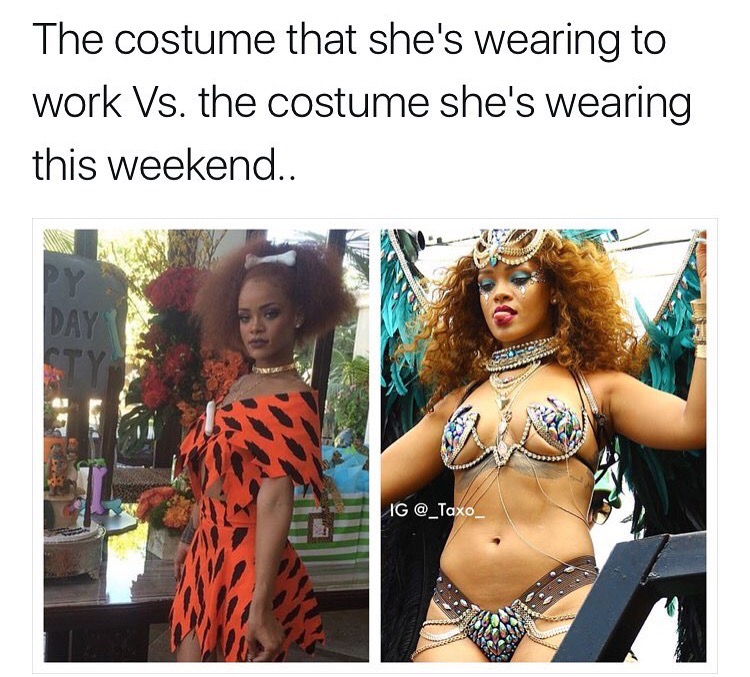 photo caption - The costume that she's wearing to work Vs. the costume she's wearing this weekend.. Ig