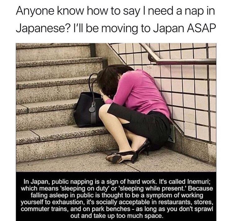 Meme about how it is socially acceptable to take a nap in public in Japan