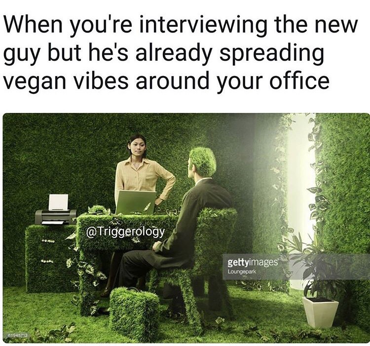 Meme about when you are interviewing a new guy and he has spread his vegan vibes all over the office already