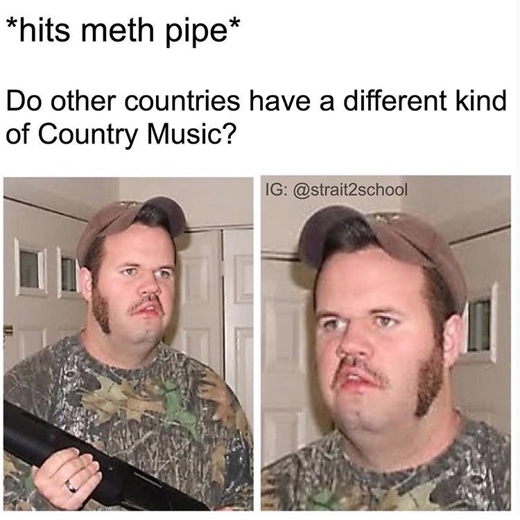 Hits Blunt style meme but with meth pipe and confused looking hunter, wondering if other countries have a different kind of country music