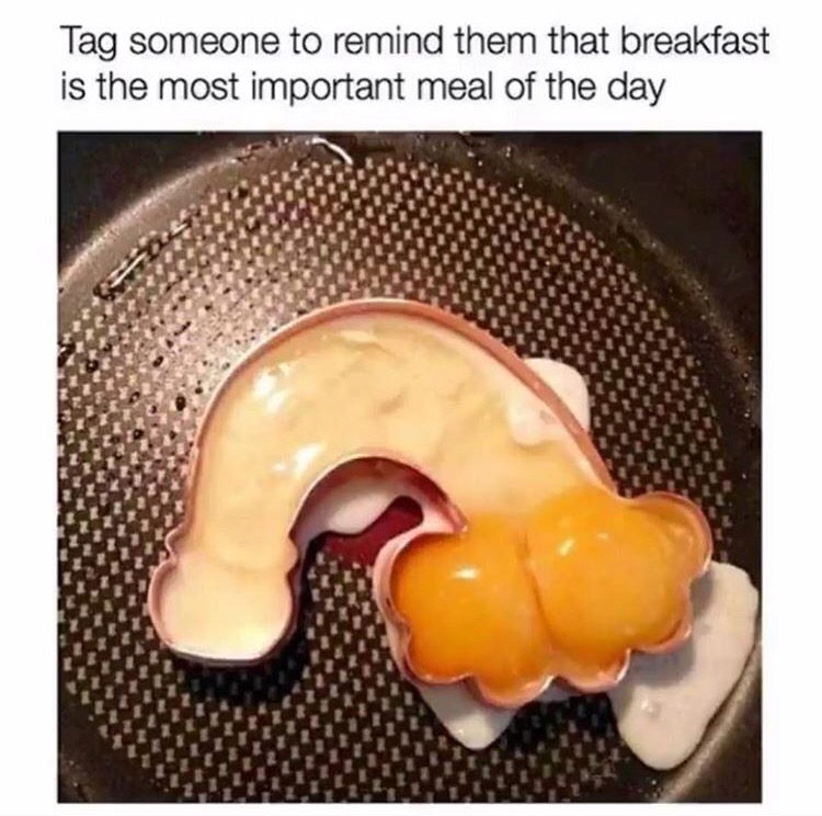 Funny meme about breakfast being the most important meal of the day and a egg shaper that looks like genitalia