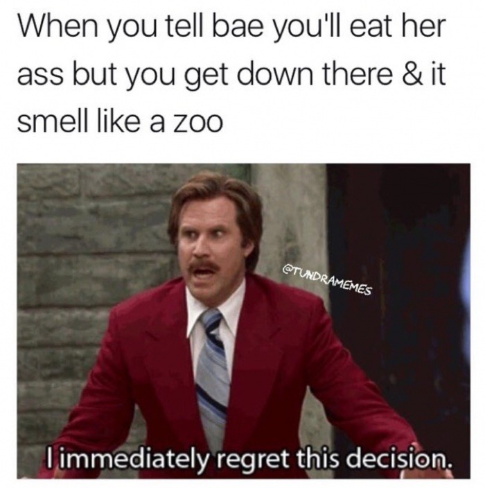anchorman i immediately regret this decision - When you tell bae you'll eat her ass but you get down there & it smell a zoo I immediately regret this decision.