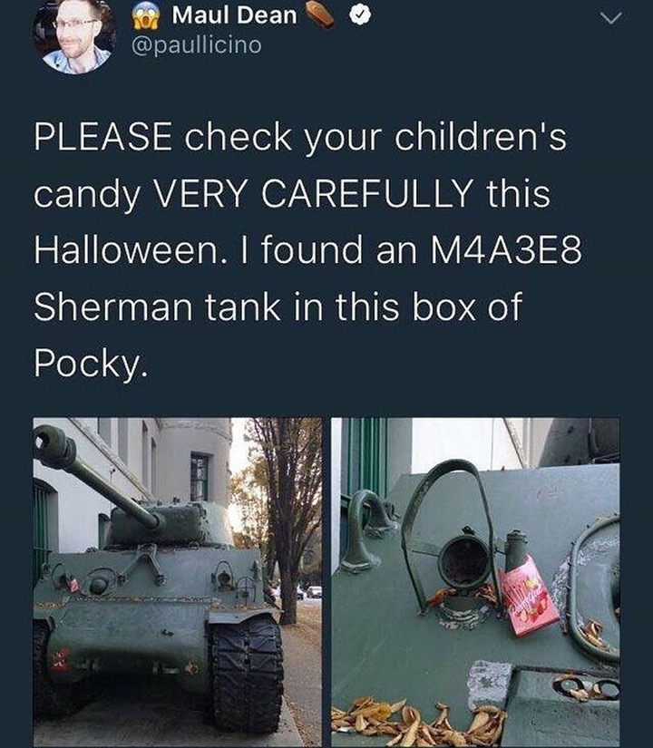 check your kids candy funny - Maul Deanu Please check your children's candy Very Carefully this Halloween. I found an M4A3E8 Sherman tank in this box of Pocky.