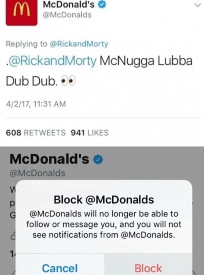 web page - McDonald's Morty . McNugga Lubba Dub Dub. 4217, 608 941 McDonald's Block will no longer be able to or message you, and you will not see notifications from . Cancel Block