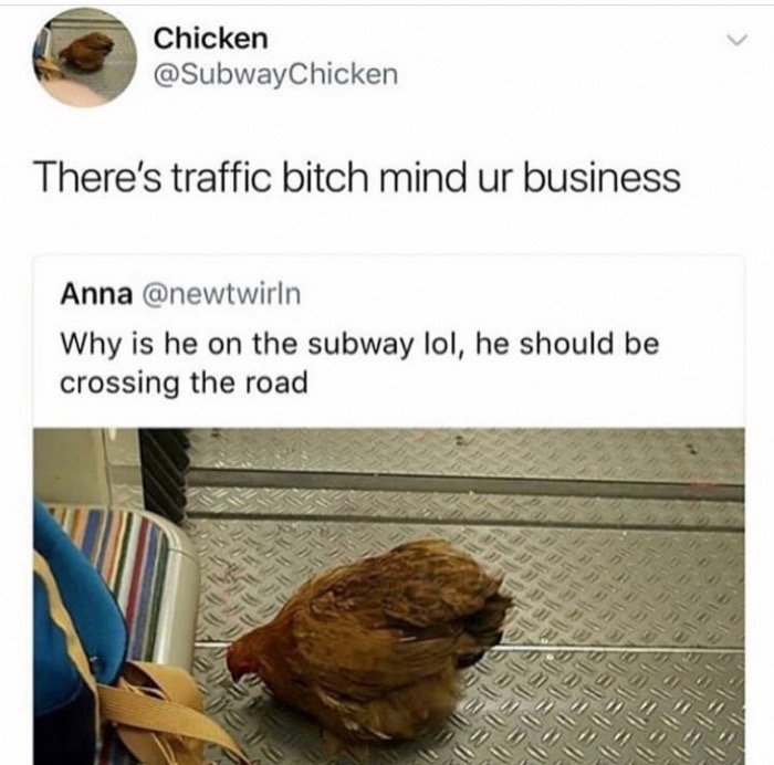 Pizza saver - Chicken There's traffic bitch mind ur business Anna Why is he on the subway lol, he should be crossing the road Ellis lleille lille will Bill