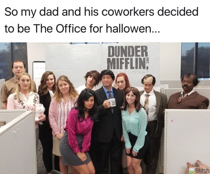 memes - dunder mifflin - So my dad and his coworkers decided to be The Office for hallowen... Dunder Mifflin Per Company Stitch