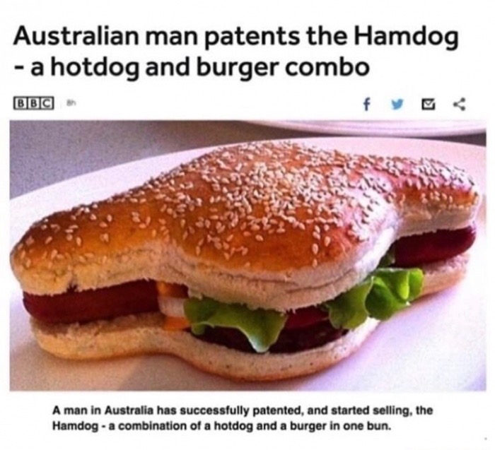 memes - hamburger hotdog - Australian man patents the Hamdog a hotdog and burger combo Bbc A man in Australia has successfully patented, and started selling, the Hamdog a combination of a hotdog and a burger in one bun.