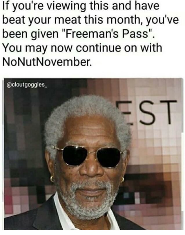 morgan freeman no nut november meme - If you're viewing this and have beat your meat this month, you've been given "Freeman's Pass". You may now continue on with NoNutNovember. Est