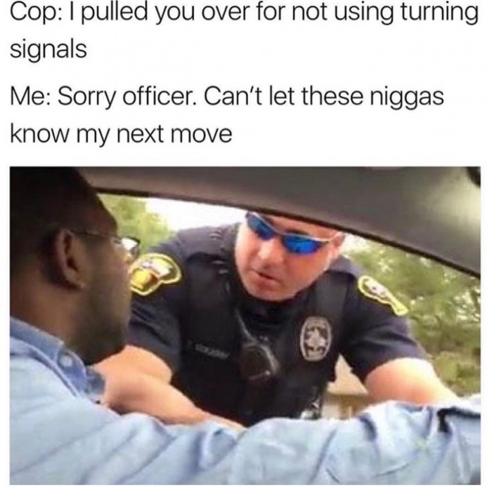 trending - can t let niggas know my next move meme - Ov Cop I pulled you over for not using turning signals Me Sorry officer. Can't let these niggas know my next move