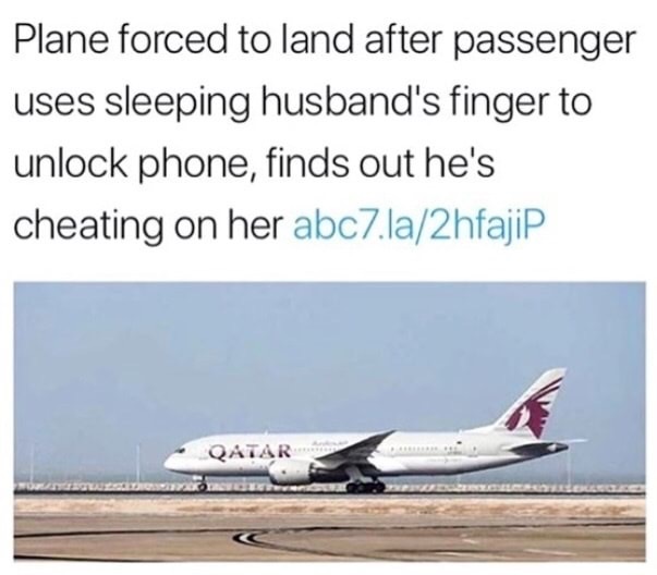 trending - airline - Plane forced to land after passenger uses sleeping husband's finger to unlock phone, finds out he's cheating on her abc7.la2hfajip Qatar