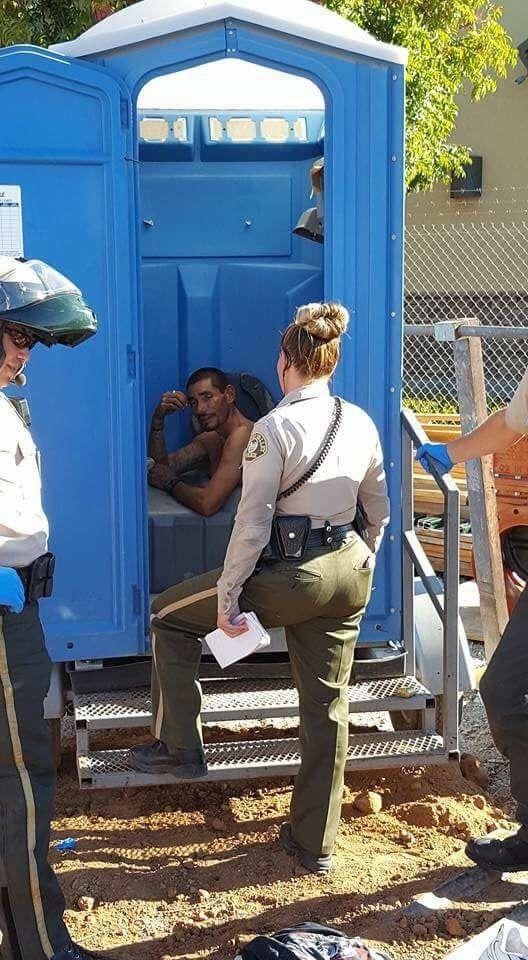 Sunday meme with pic of man trapped inside a portable potty