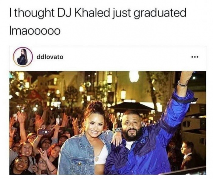 Sunday meme of DJ Khaled and Demi Lovatio looking like they're at a graduation party