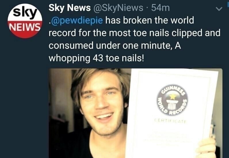 Sunday meme with headline about Pewdiepie eating toe nail clippings