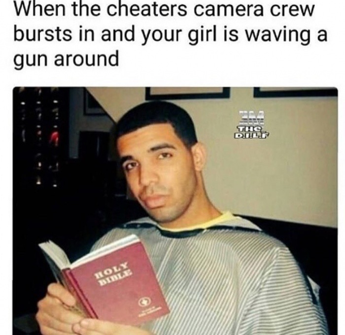 Sunday meme about pretending to be innocent with pic of Drake reading the bible