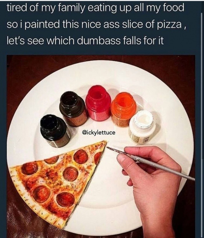 Sunday meme about drawing pizza on a plate as a prank