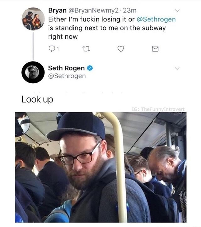 Sunday meme about riding a subway with Seth Rogen