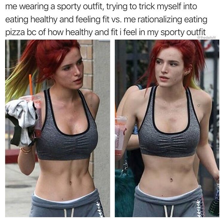 no nut november - sporty fail - me wearing a sporty outfit, trying to trick myself into eating healthy and feeling fit vs. me rationalizing eating pizza bc of how healthy and fit i feel in my sporty outfit