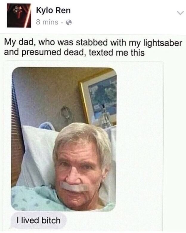 han solo i lived meme - Kylo Ren 8 mins My dad, who was stabbed with my lightsaber and presumed dead, texted me this I lived bitch