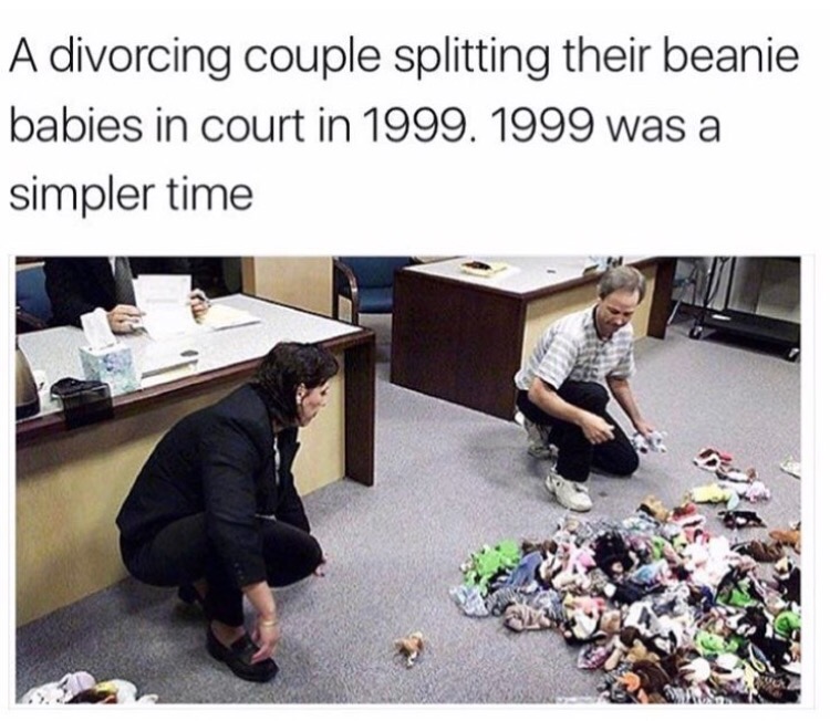 divorced couple beanie babies - A divorcing couple splitting their beanie babies in court in 1999. 1999 was a simpler time