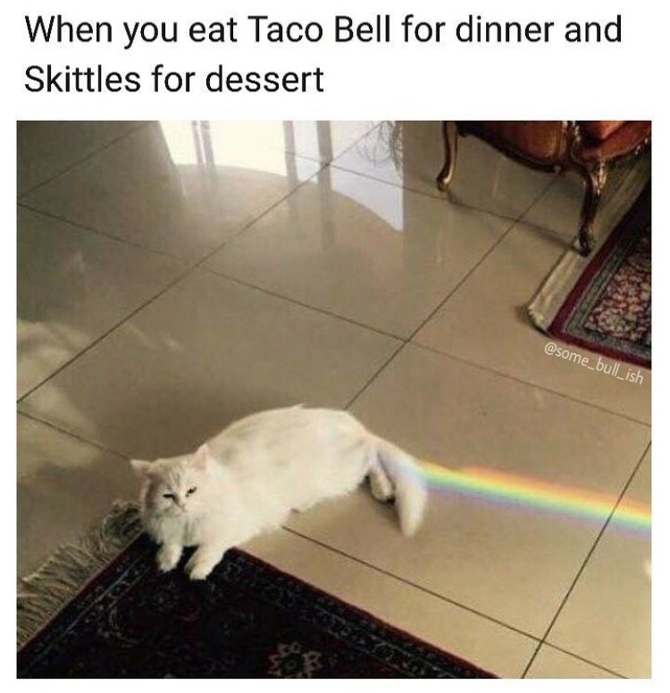 taco bell and skittles meme - When you eat Taco Bell for dinner and Skittles for dessert