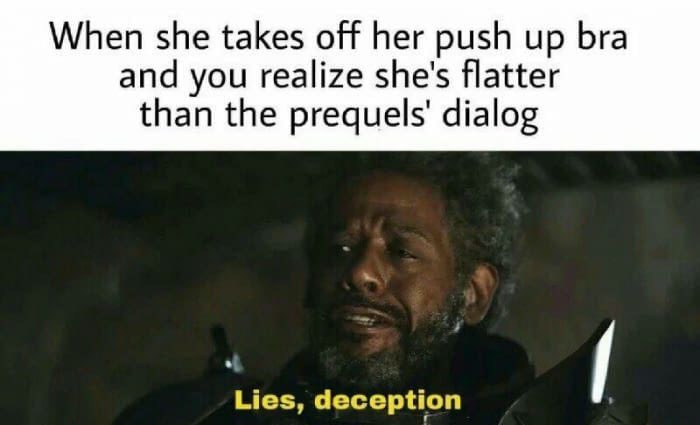 lies deception everyday more lies - When she takes off her push up bra and you realize she's flatter than the prequels' dialog Lies, deception