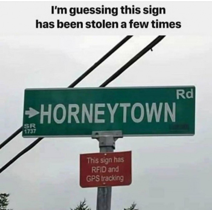 street sign - I'm guessing this sign has been stolen a few times Rd Horneytown Sr This sign has Rfid and Gps tracking