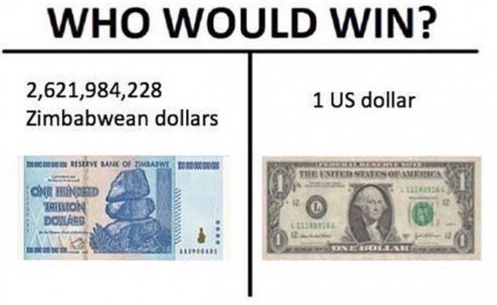 zimbabwe dollar meme - Who Would Win? 2,621,984,228 Zimbabwean dollars 1 Us dollar Doo S800X80 Reserve Lank Of Timbaswed Thimited States Of America . chor Hundsid Triton 3 Dors Ener