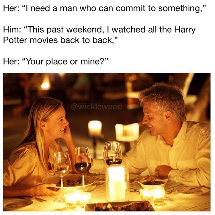 innovative and agile memes - Her "I need a man who can commit to something, Him This past weekend, I watched all the Harry Potter movies back to back," Her "Your place or mine?