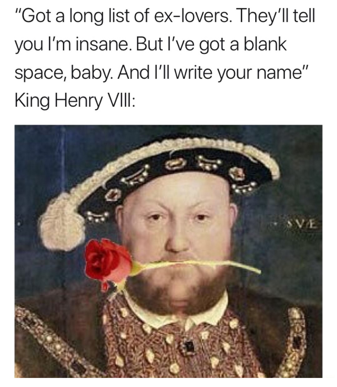 meme stream - king henry viii memes - "Got a long list of exlovers. They'll tell you I'm insane. But I've got a blank space, baby. And I'll write your name" King Henry Viii