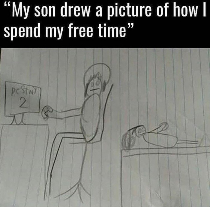 memes  - cartoon - "My son drew a picture of how | spend my free time" PestNTI