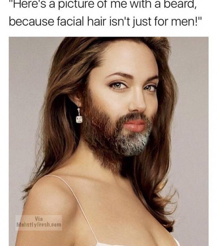 memes - angelina jolie - "Here's a picture of me with a beard, because facial hair isn't just for men!" Via MohstlyFresh.com