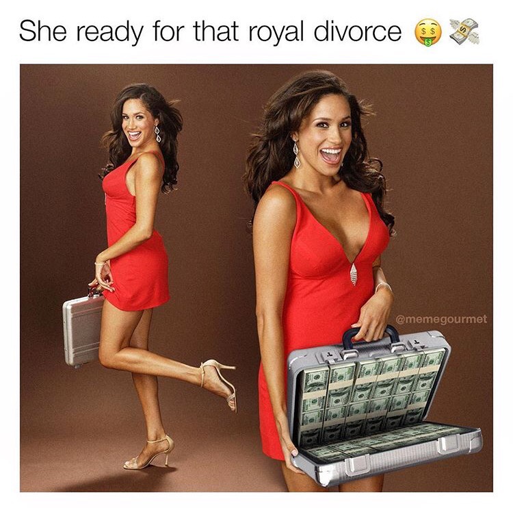 Dank Meme of Meghan Markle wearing skimpy red dress and holding large suit case of cash, with caption joking she is ready for that royal divorce