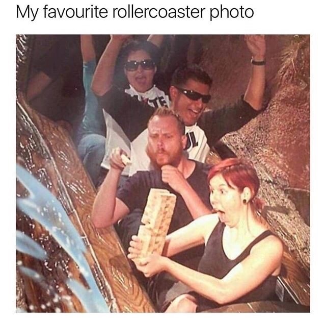 dank meme of a couple joking around like they are playing Jenga on a roller coaster and the picture captured it