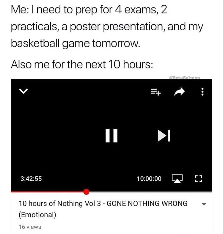 memes - angle - Me I need to prep for 4 exams, 2 practicals, a poster presentation, and my basketball game tomorrow. Also me for the next 10 hours 55 00 r1 10 hours of Nothing Vol 3 Gone Nothing Wrong Emotional 16 views