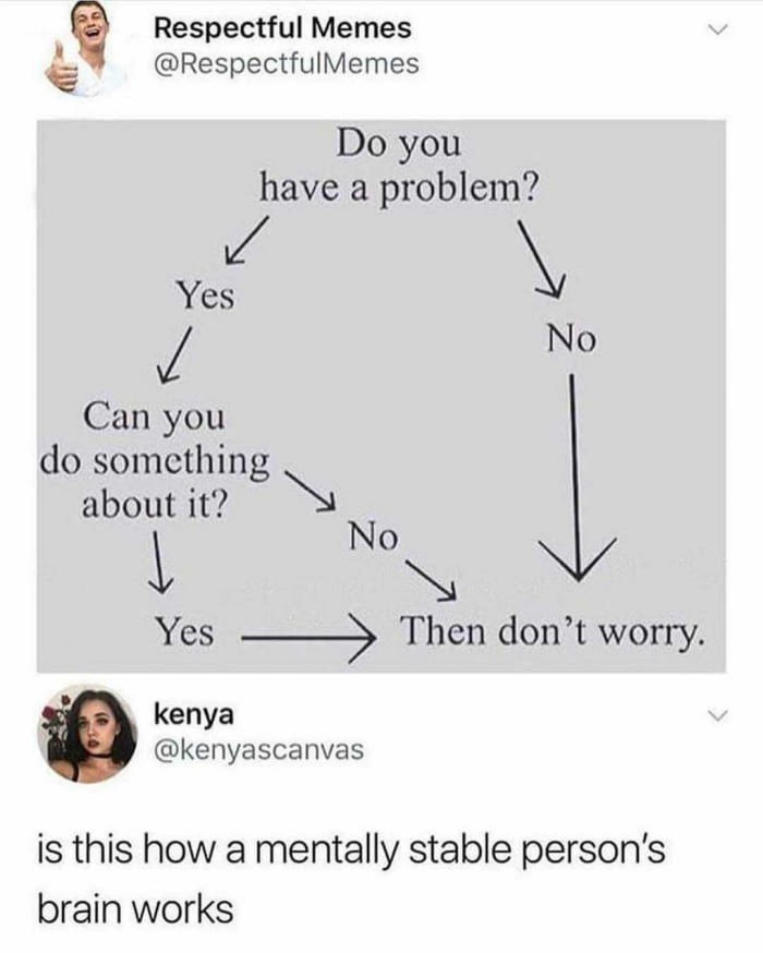 memes - deal with problem meme - Respectful Memes Do you have a problem? Yes No Can you do something about it? No Yes Then don't worry. kenya is this how a mentally stable person's brain works