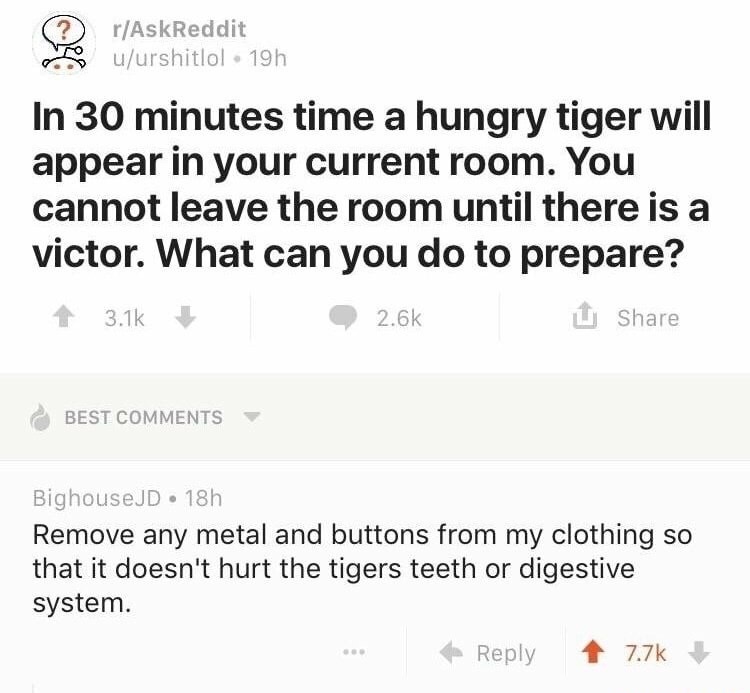 memes - document - To rAskReddit uurshitlol 19h In 30 minutes time a hungry tiger will appear in your current room. You cannot leave the room until there is a victor. What can you do to prepare? 3.16 Best BighouseJD 18h Remove any metal and buttons from m