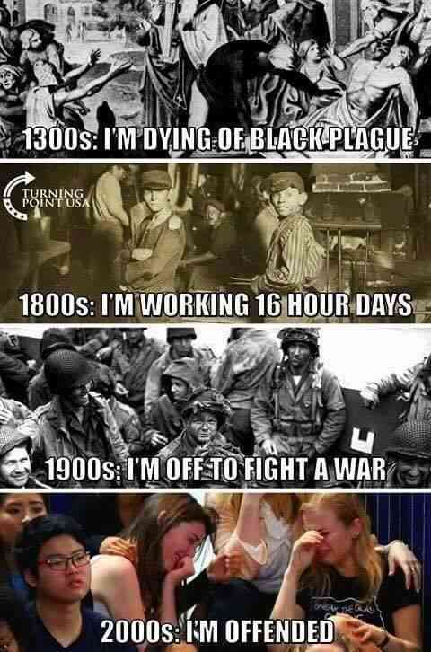 am offended - 13005 I'M Dying Of Black Plague Turning Point Usa 1800s I'M Working 16 Hour Days 1900s I'M OffTo Fight A War 2000 I'M Offended