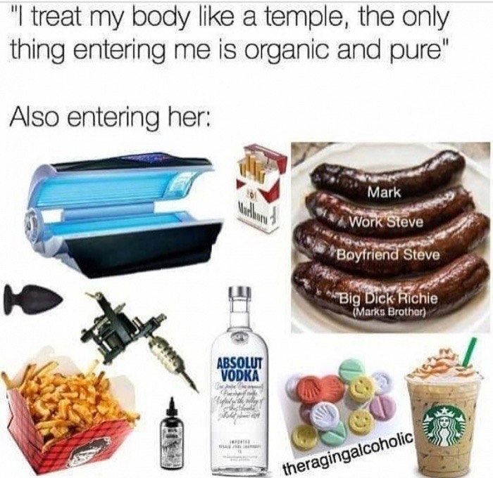 dank meme my body is a temple meme - "I treat my body a temple, the only thing entering me is organic and pure" Also entering her Mark Work Steve Boyfriend Steve Big Dick Richie Marks Brother Absolut Vodka theragingalcoholic